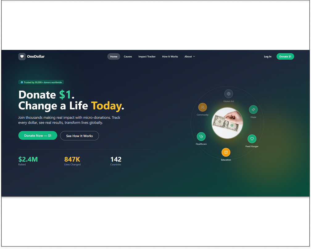 OneDollar — Micro Donations & Impact Tracking template preview