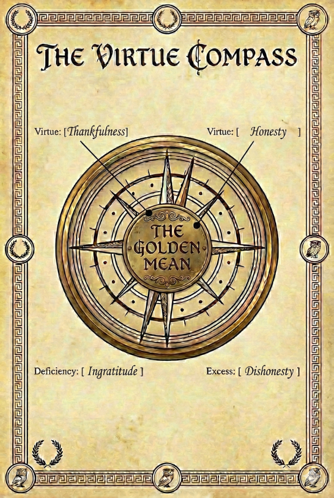 DNDaycare Virtue Compass board game showing The Golden Mean with virtues like Thankfulness and Honesty