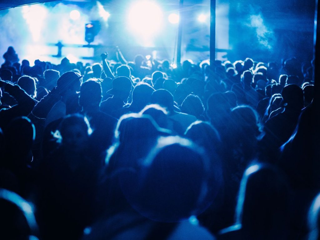 Nightclub crowd and DJ performance