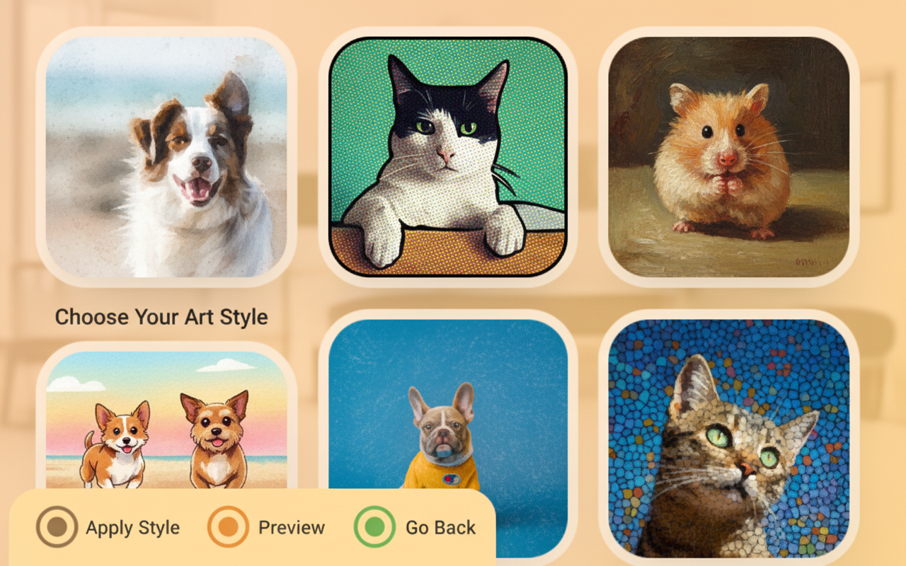 Choose AI Art Style - Create custom AI pet portraits and print on products