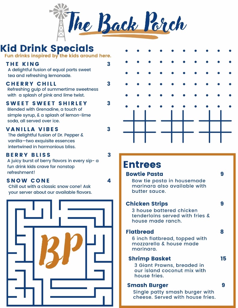 The Back Porch Kids Menu