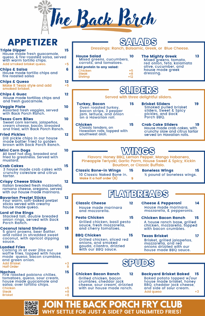The Back Porch Food Menu Front