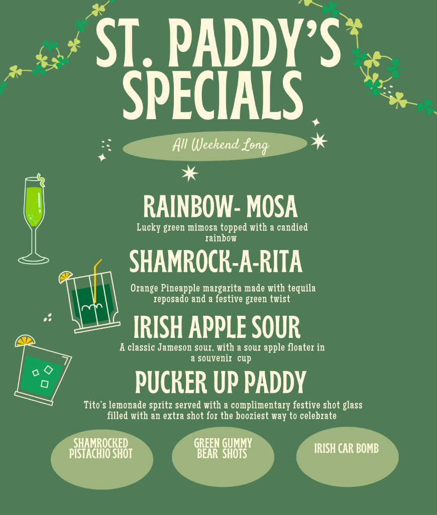 St. Paddy's Day Drink Specials Menu