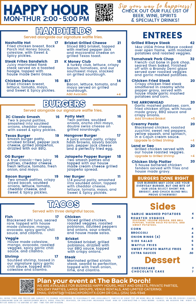 The Back Porch Food Menu Back