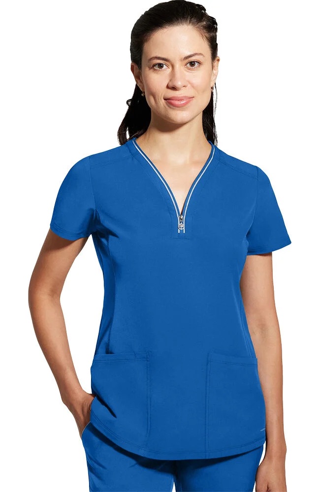 Sonia Zip Y-Neck Scrub Top - Y-neckline with functional zip detail