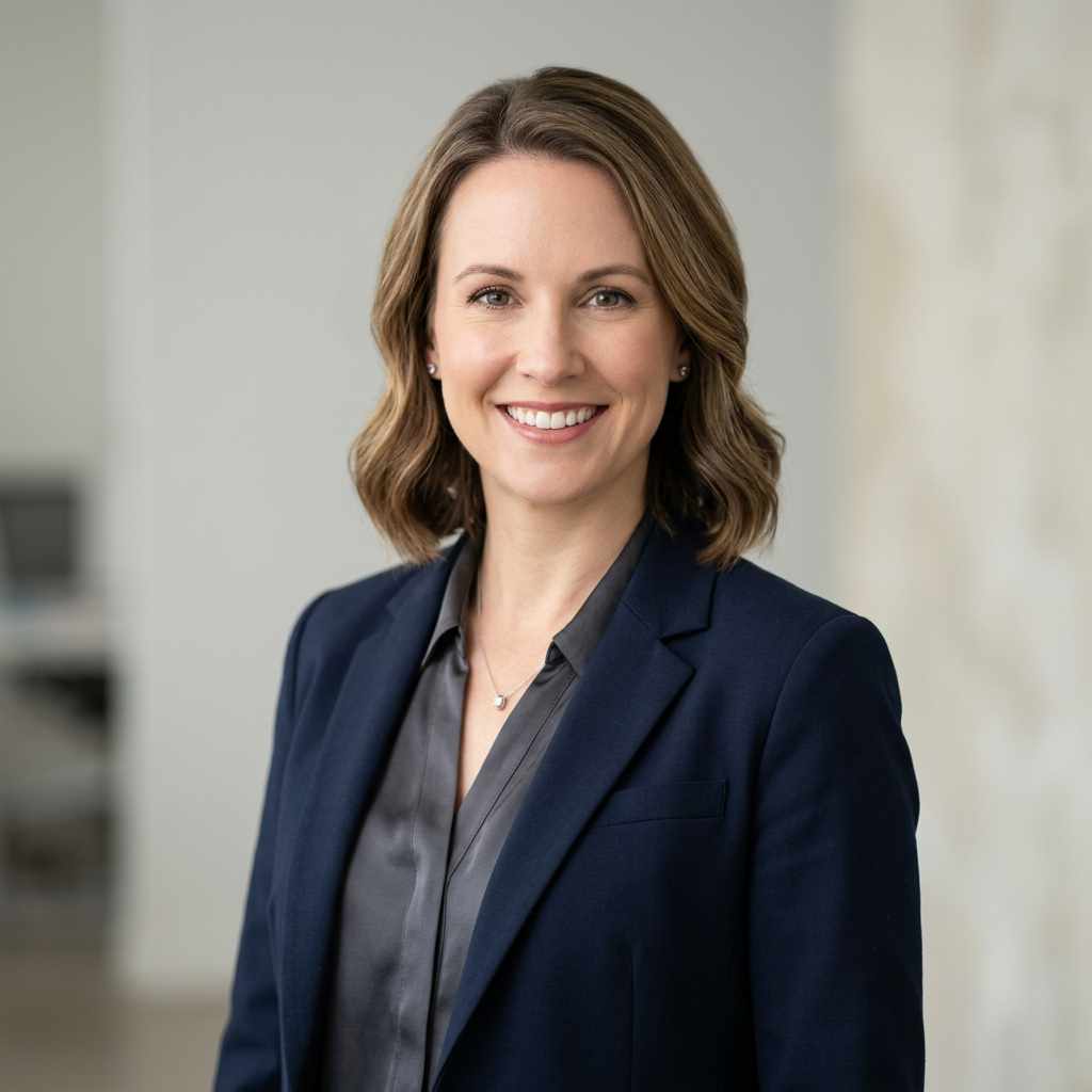Confident young professional in a blazer smiling against a modern office backdrop, perfect for LinkedIn profile.