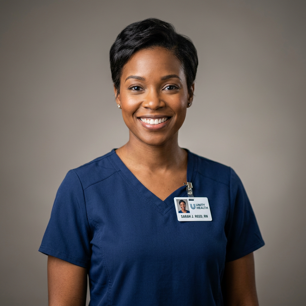 Professional headshots for nurses and healthcare workers displayed on a laptop screen showing polished LinkedIn profile portraits