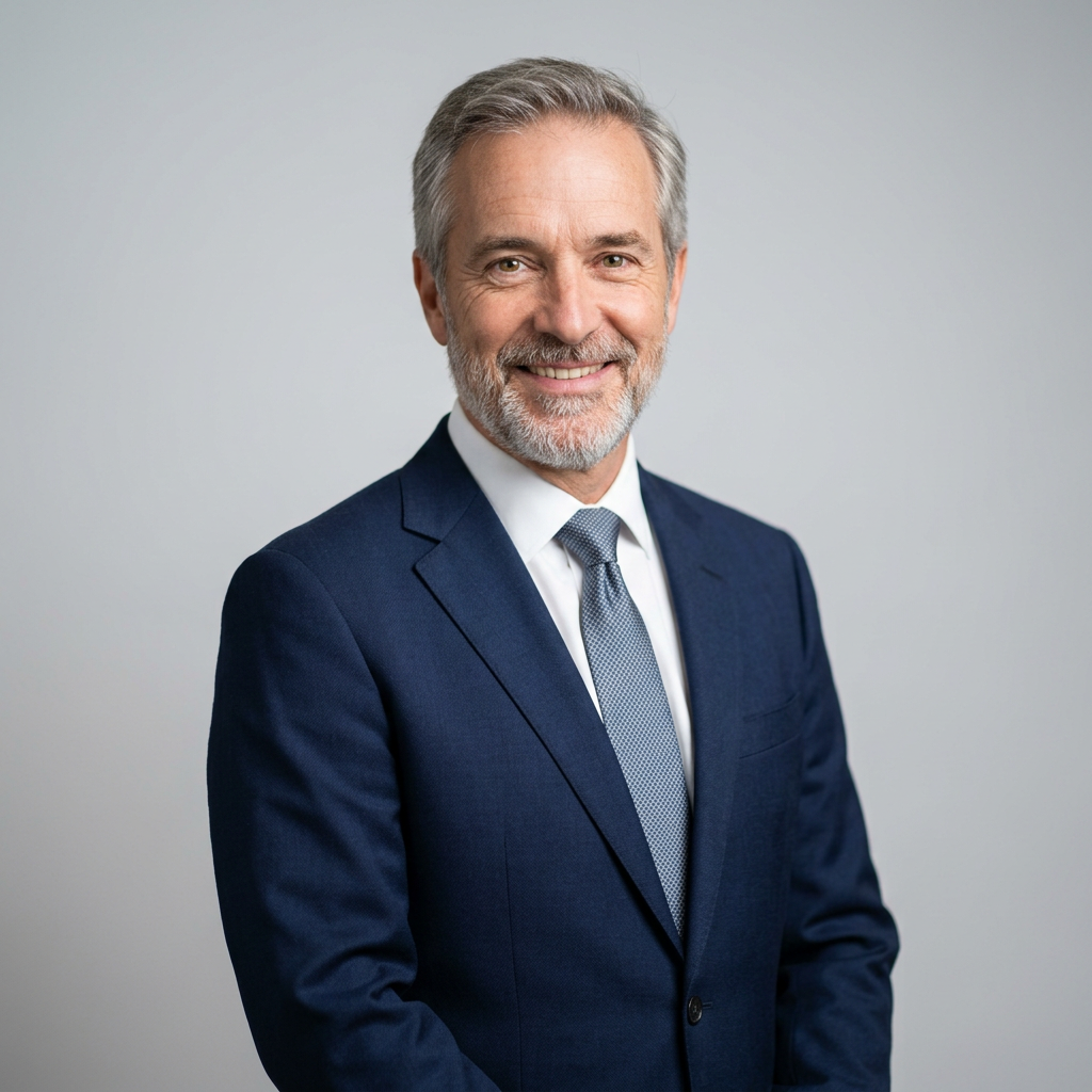 Professional headshot ideas for men over 50 showing confident senior executive in navy suit against clean gray studio background
