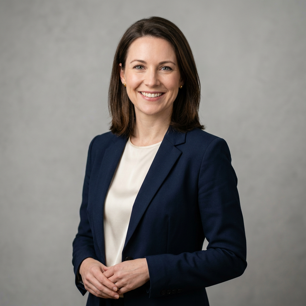 Person demonstrating how to pose for a professional headshot confidently with shoulders back and natural smile in a bright studio setting
