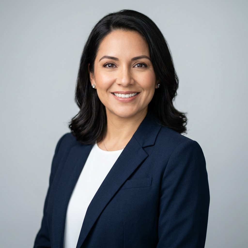 Confident professional smiling in a polished professional headshot for remote job applications against a clean neutral background