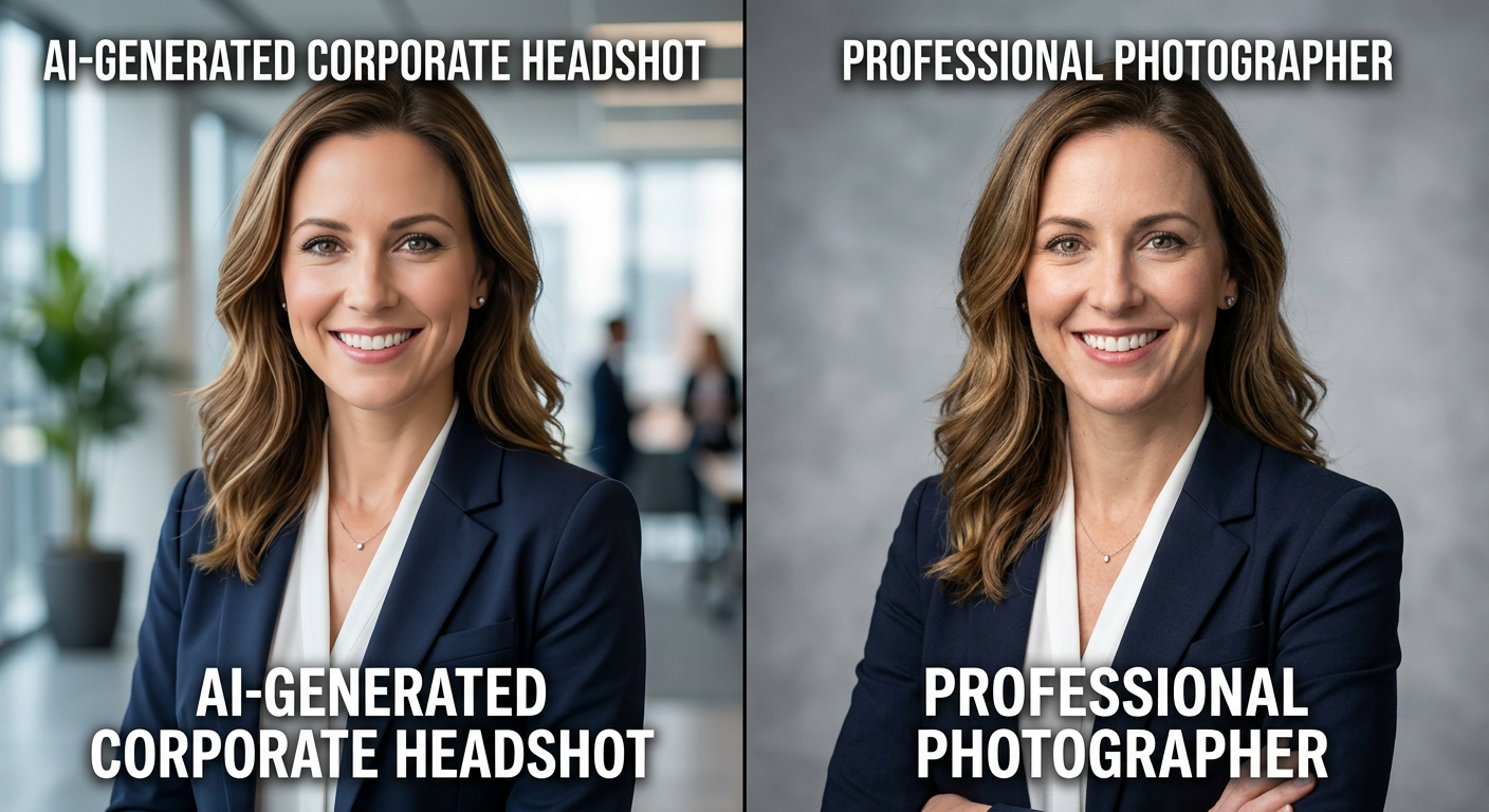 A comparison chart showing the benefits and drawbacks of AI generated corporate headshots vs professional photographer options.