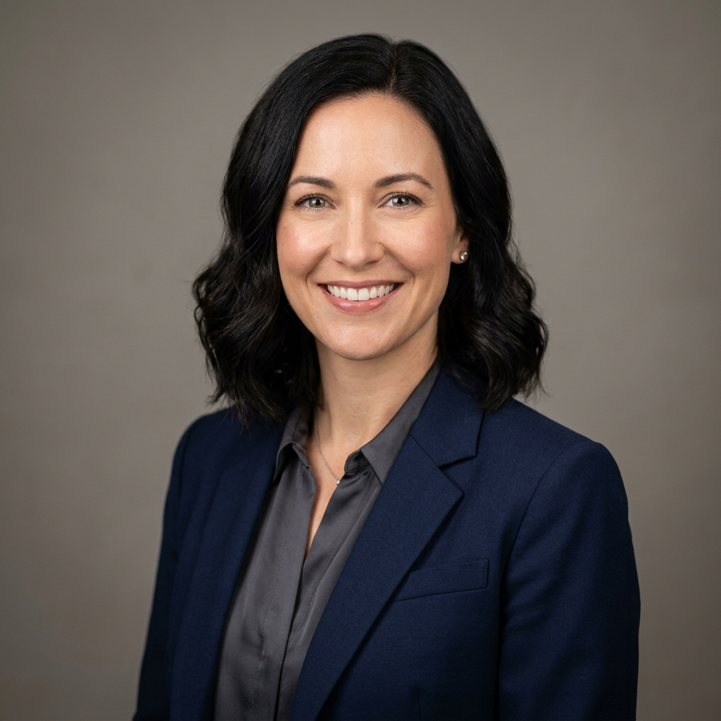 Professional woman wearing navy blazer showcasing best outfit colors for a professional headshot photo against a neutral studio background