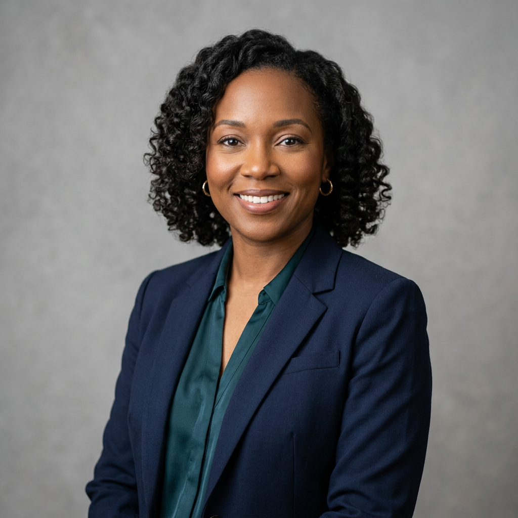 A busy nonprofit executive showcasing a professional headshot in an outdoor setting, symbolizing trust and approachability.