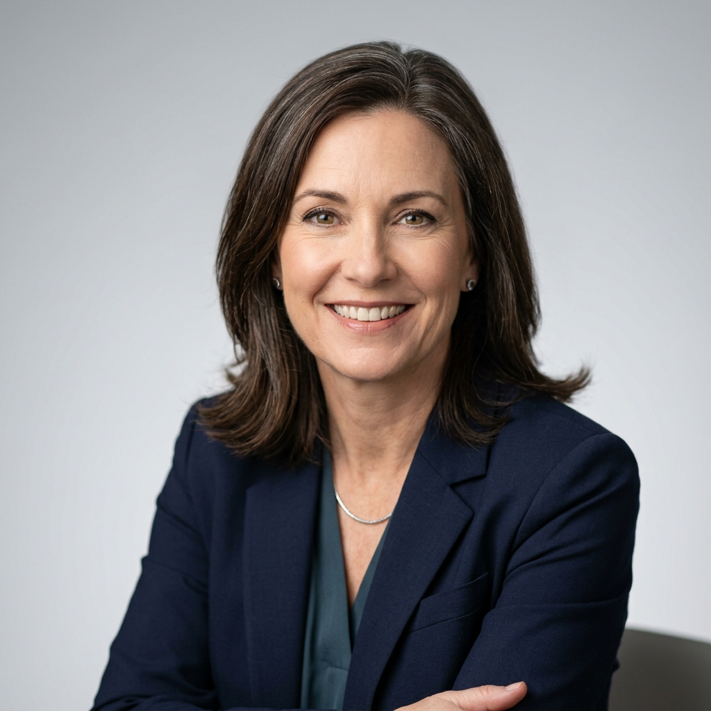 Professional headshot ideas for women over 40 showing a confident executive woman in a navy blazer against a clean gray studio background smiling naturally