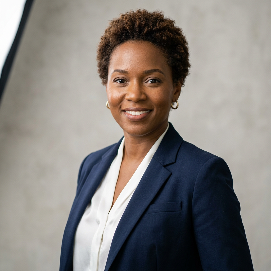 Example of a professional headshot generated by AI showing a confident individual in appropriate business attire.