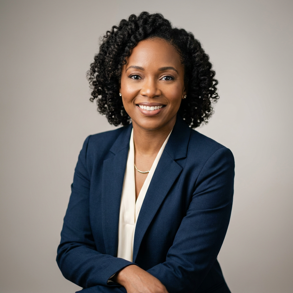 Professional real estate agent in a modern office setting with a confident smile.