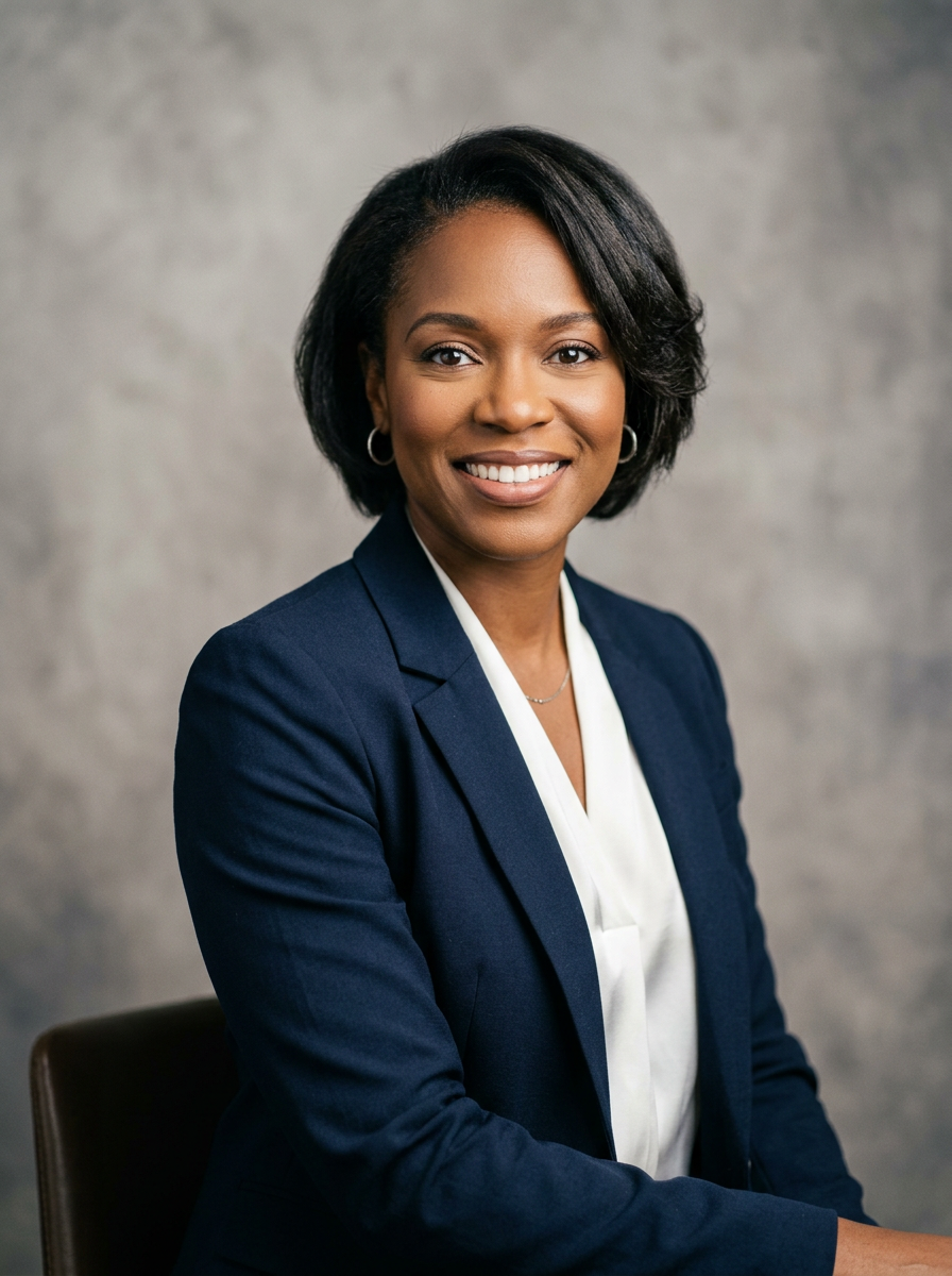 A professional looking headshot against a solid gray background.