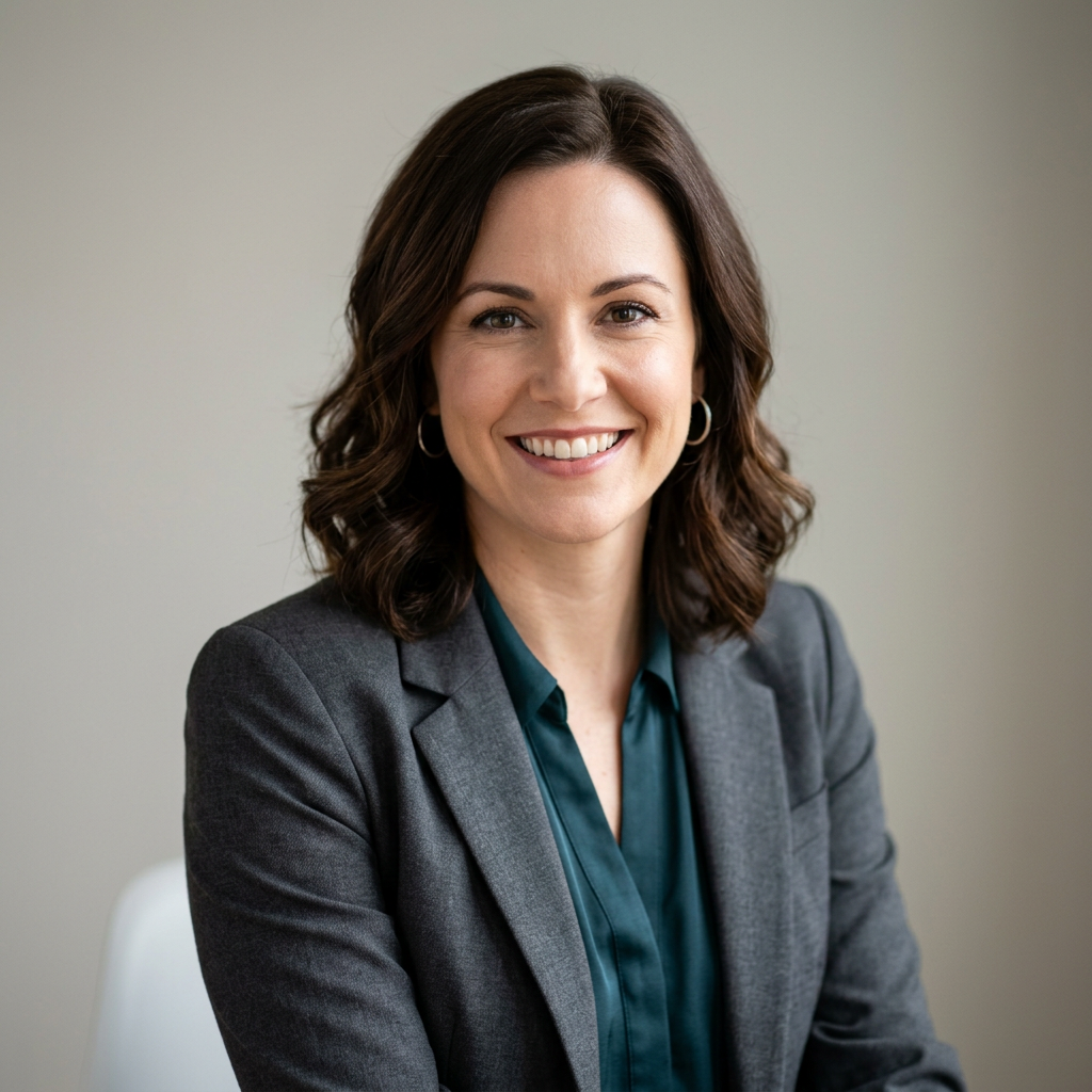 Professional woman updating her LinkedIn photo without a photographer using an AI headshot generator on a laptop at a modern home office desk