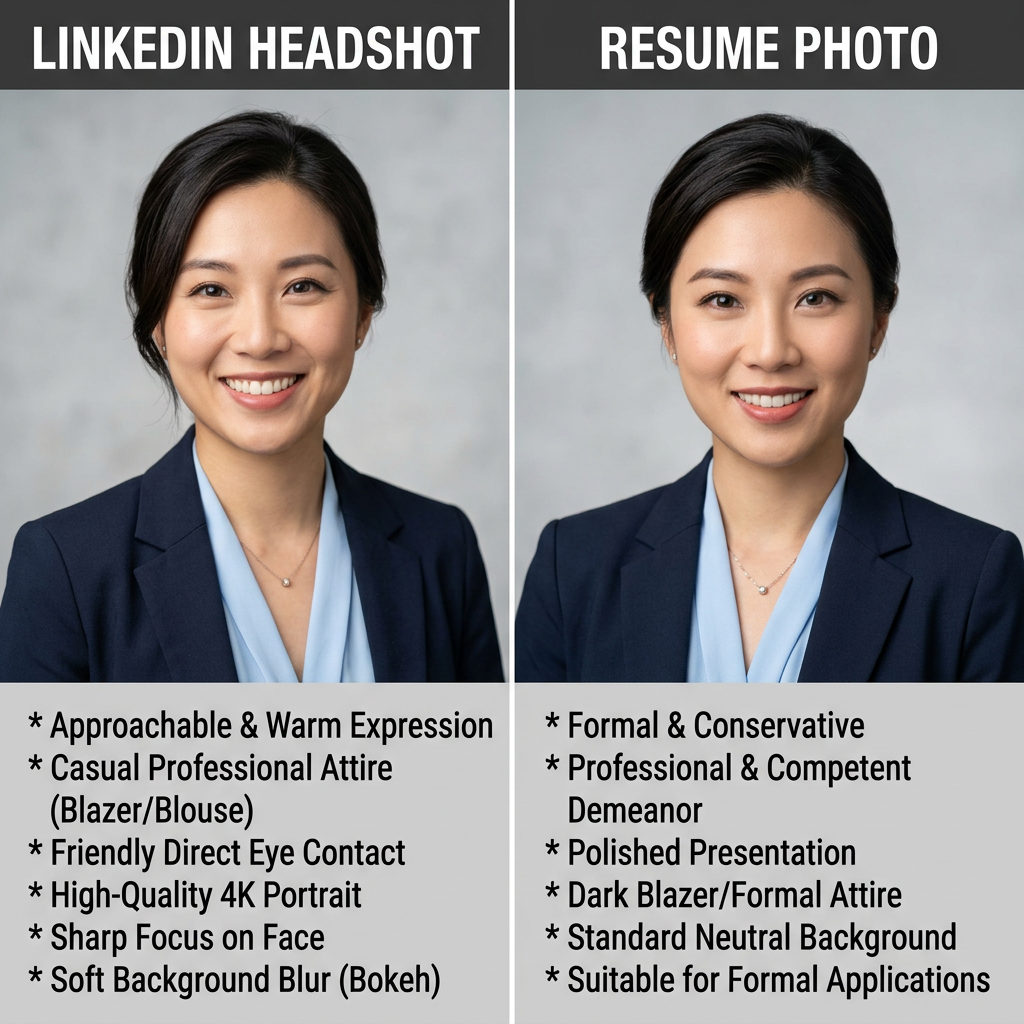 Side-by-side comparison showing LinkedIn headshot vs resume photo differences, professional woman in corporate attire against clean backgrounds