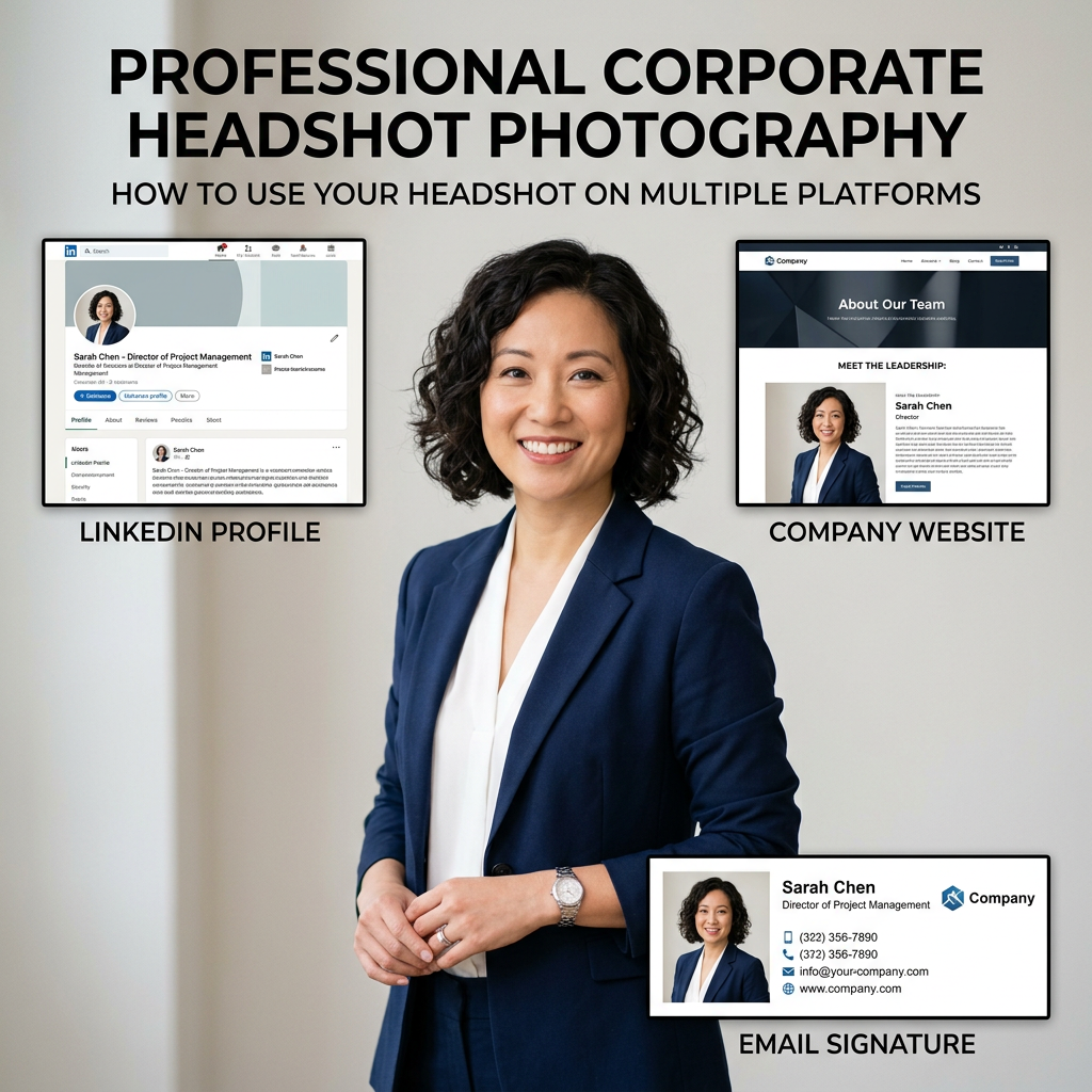 Professional headshot showcase on various platforms including LinkedIn, Facebook, and business website.