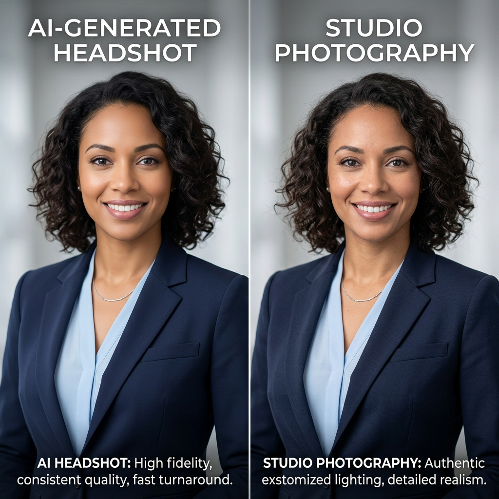 Comparison of AI-generated headshots and studio photography styles.