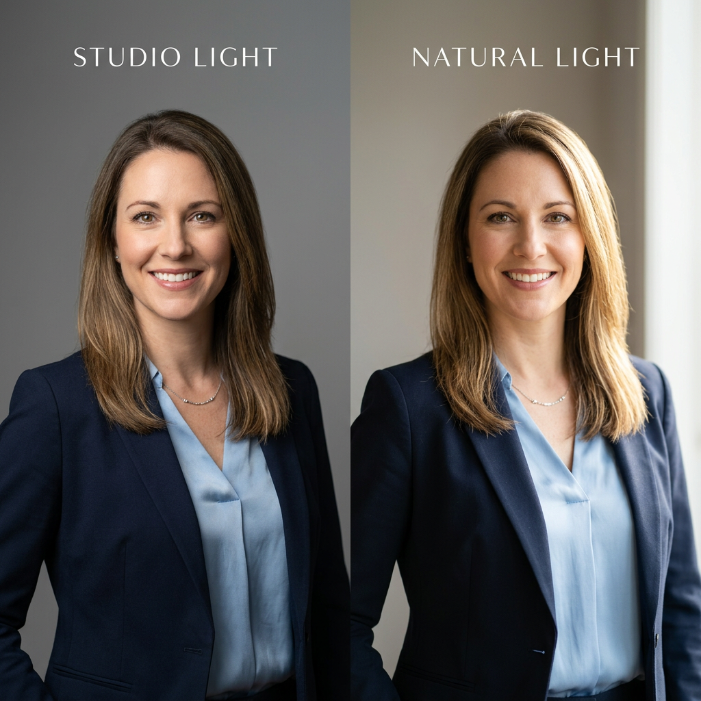 A comparison image showing a headshot illuminated with natural light and one with studio light.