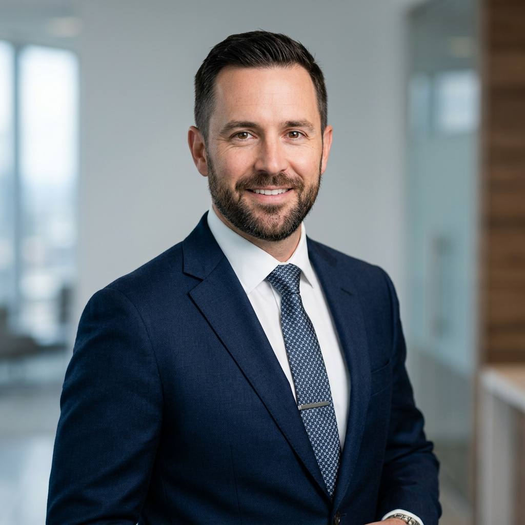 A confident man in a suit smiling for a professional headshot in an office environment.