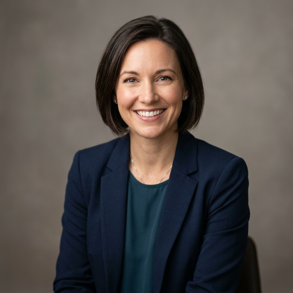 A confident entrepreneur displaying a professional headshot for Google My Business profile on a laptop screen in a modern office setting