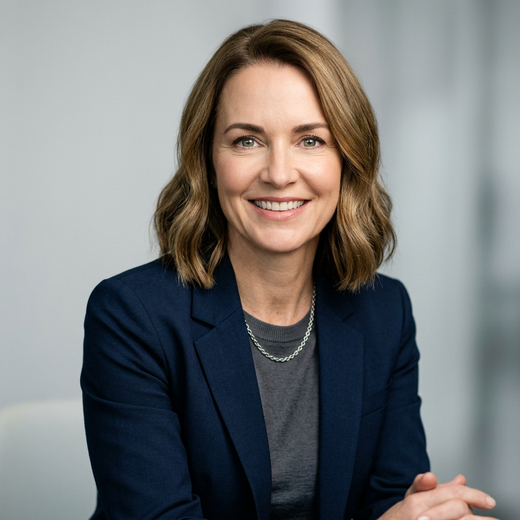 Professional woman smiling confidently in a well-lit AI-generated headshot showing how to look younger in a professional headshot with soft lighting and neutral background