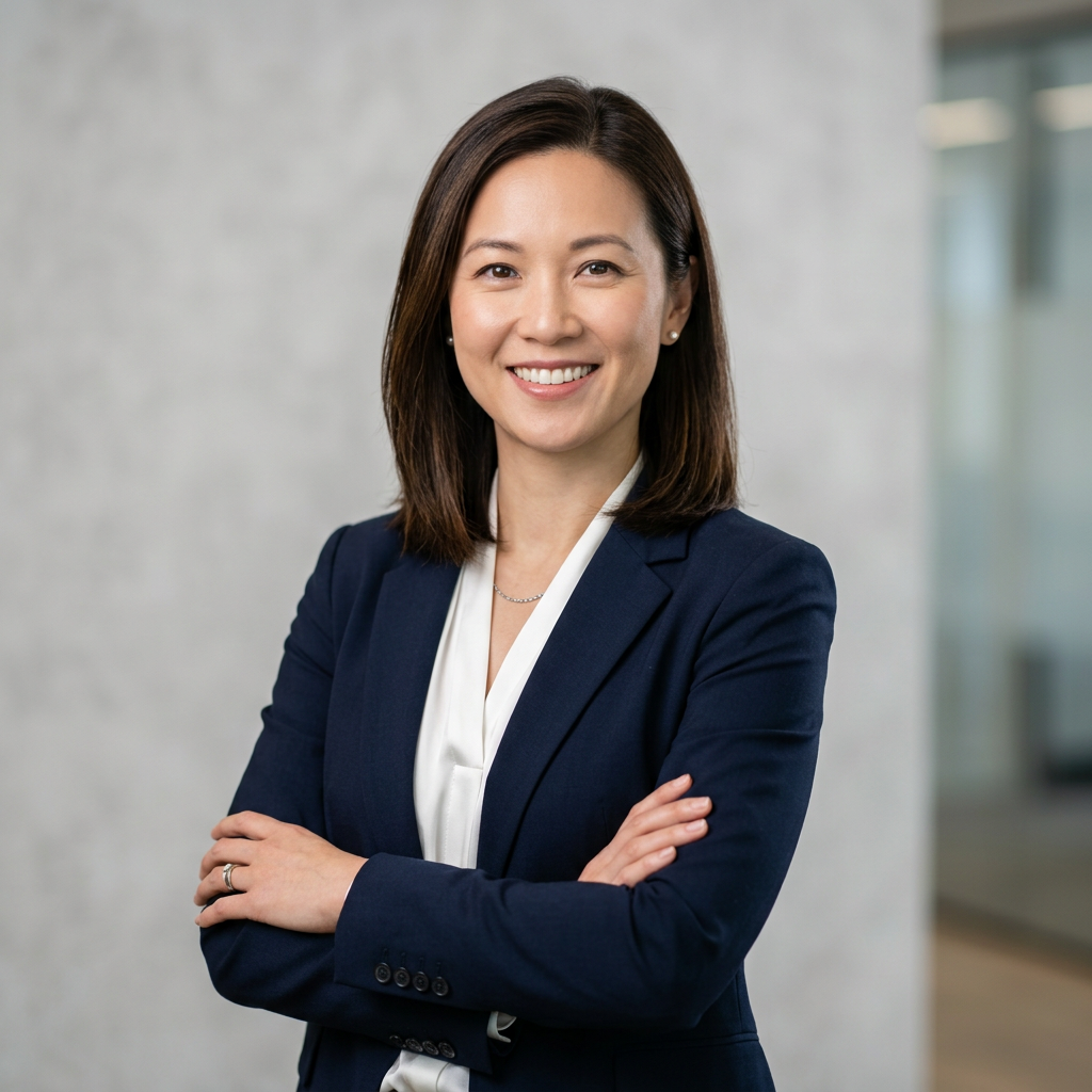 A confident lawyer posing for a professional headshot outdoors with a neutral background.