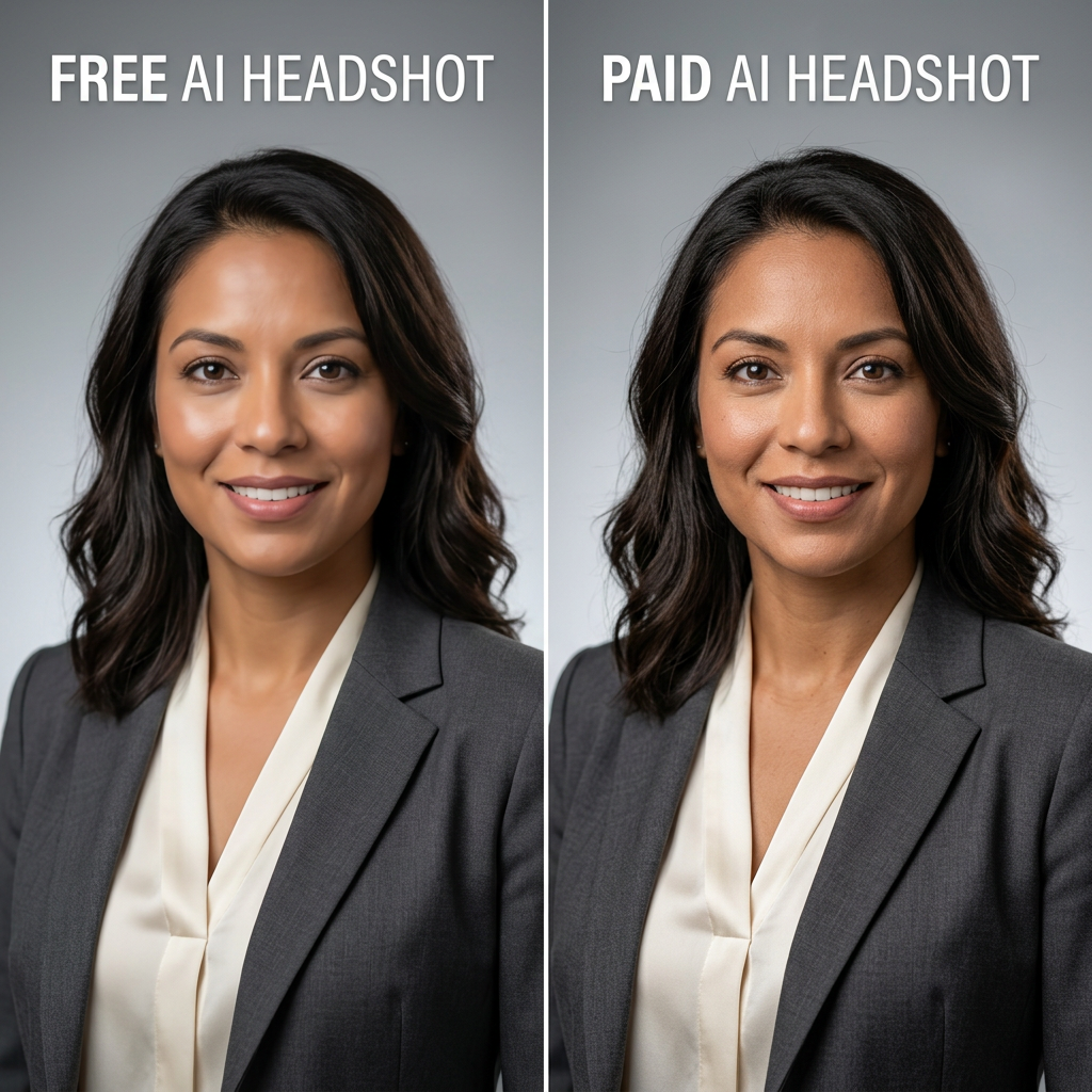 Comparison of free vs paid AI headshot generators, showcasing image quality