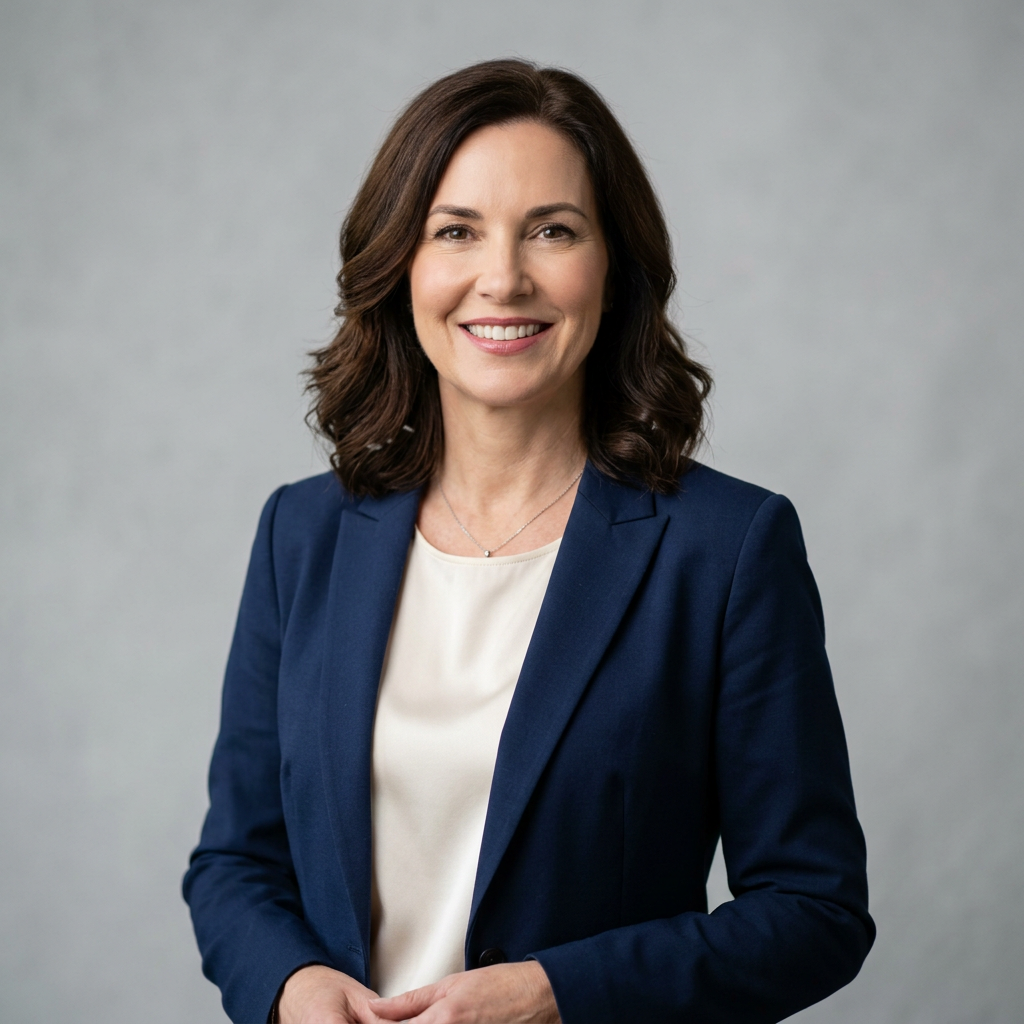 A professional woman looking confidently into the camera, showcasing a high-quality headshot.
