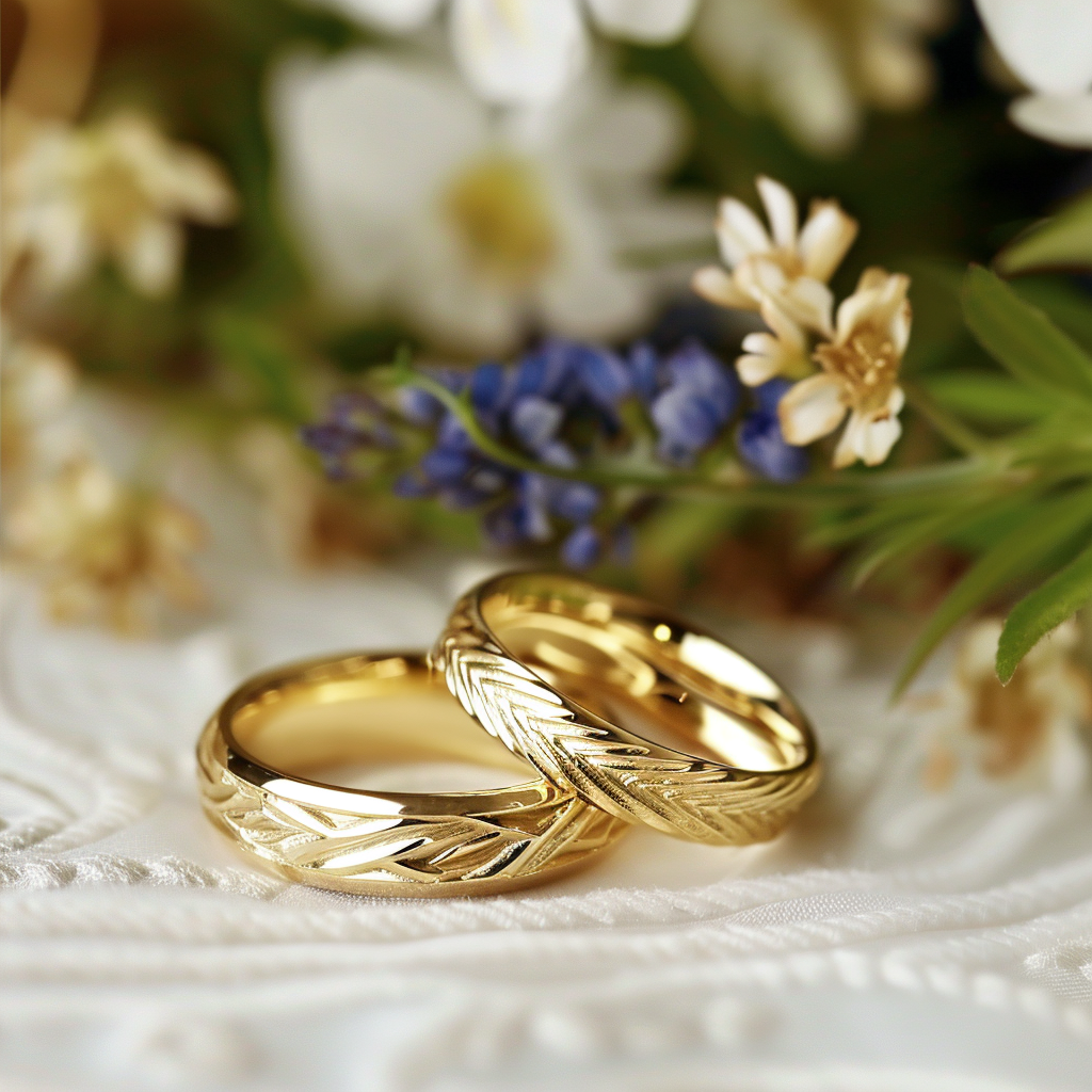 Pair of yellow gold bands with leaf-like details