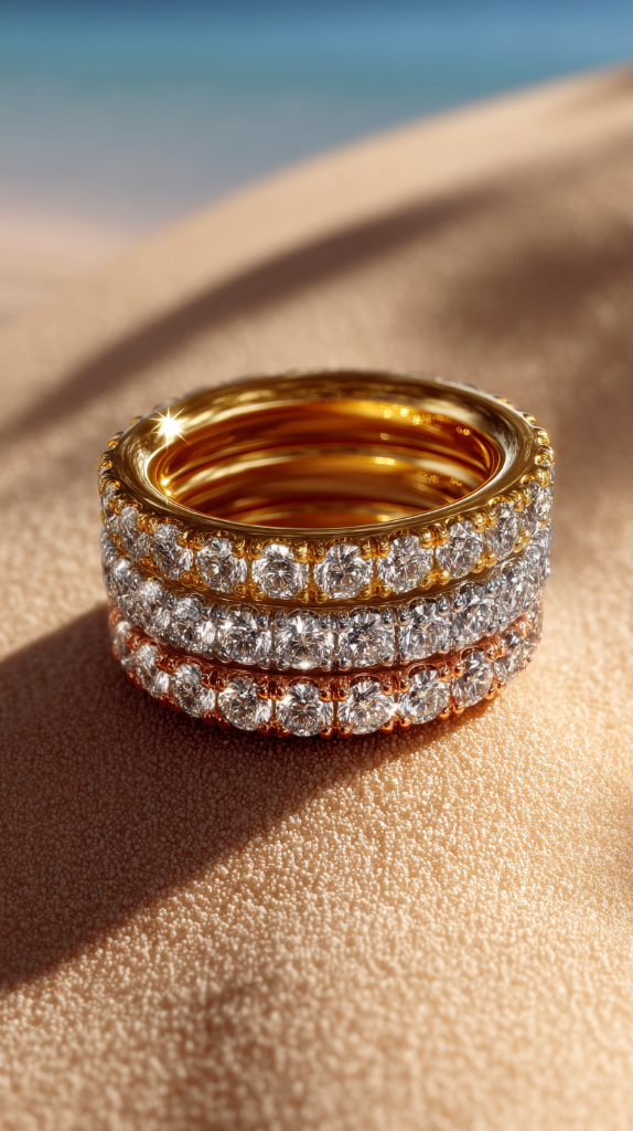 Triple row diamond eternity band in yellow gold, representing decades of fine jewelry craftsmanship at Brahim's Jewelry in Burlington Massachusetts