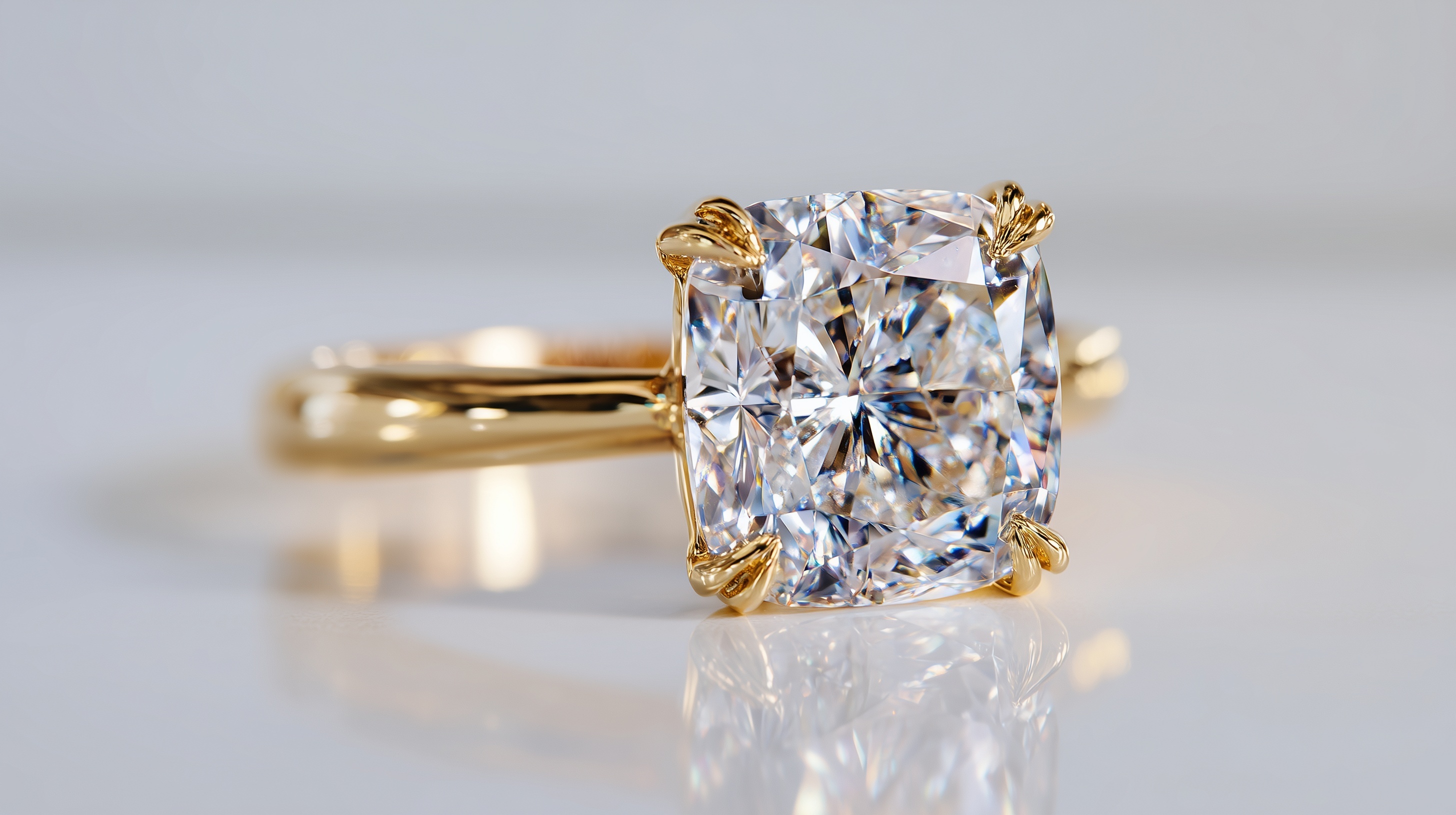 Cushion cut diamond solitaire engagement ring in 18k yellow gold, custom handcrafted at Brahim's Jewelry in Burlington Massachusetts