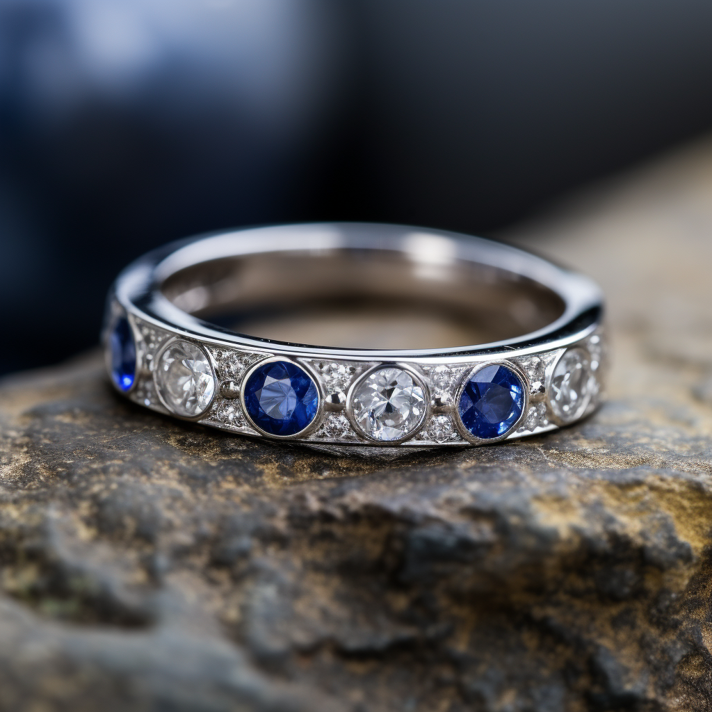 White-metal band with blue and clear stones