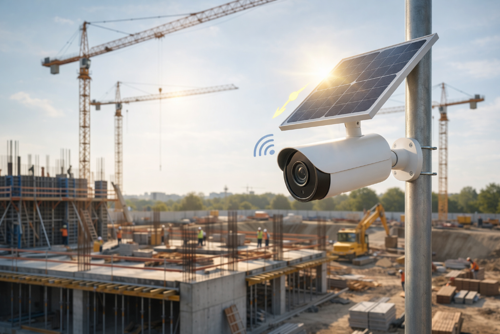 Solar-powered timelapse camera system on construction site