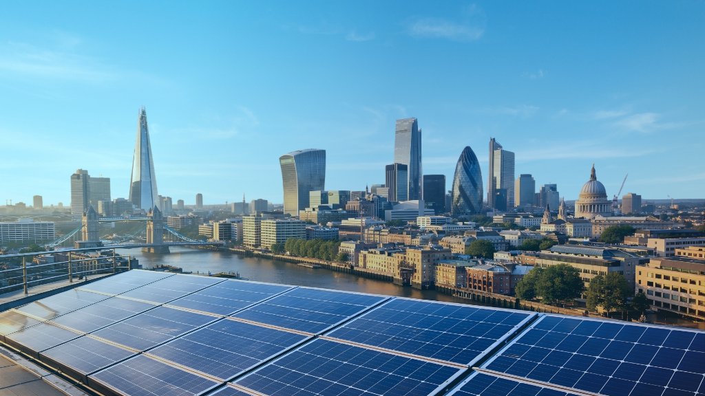 Solar panels with London cityscape