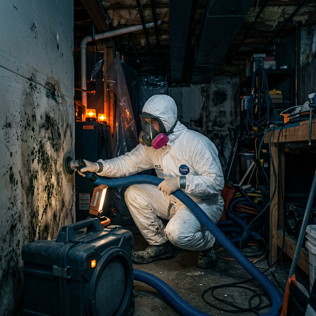 Professional mold remediation technician inspecting mold in Daytona Beach