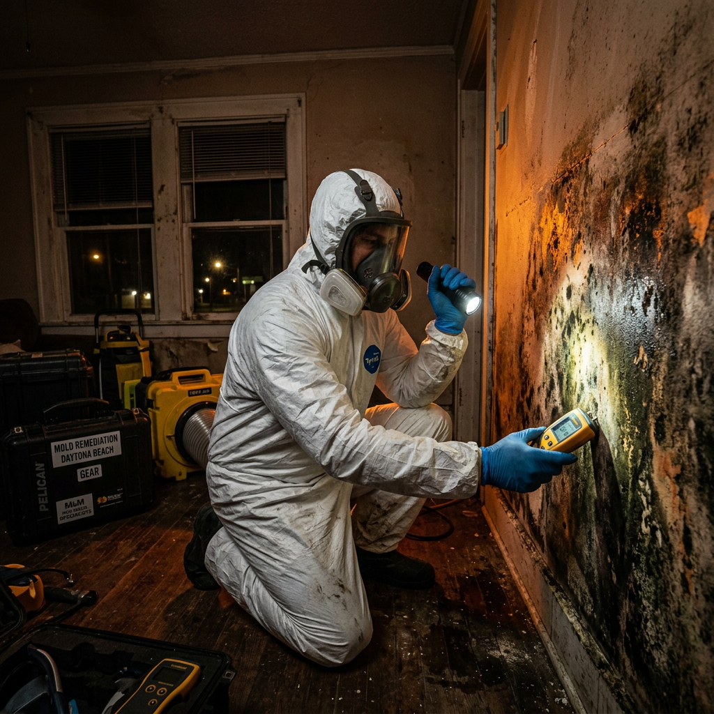 IICRC certified mold remediation technician performing inspection in Daytona Beach FL home