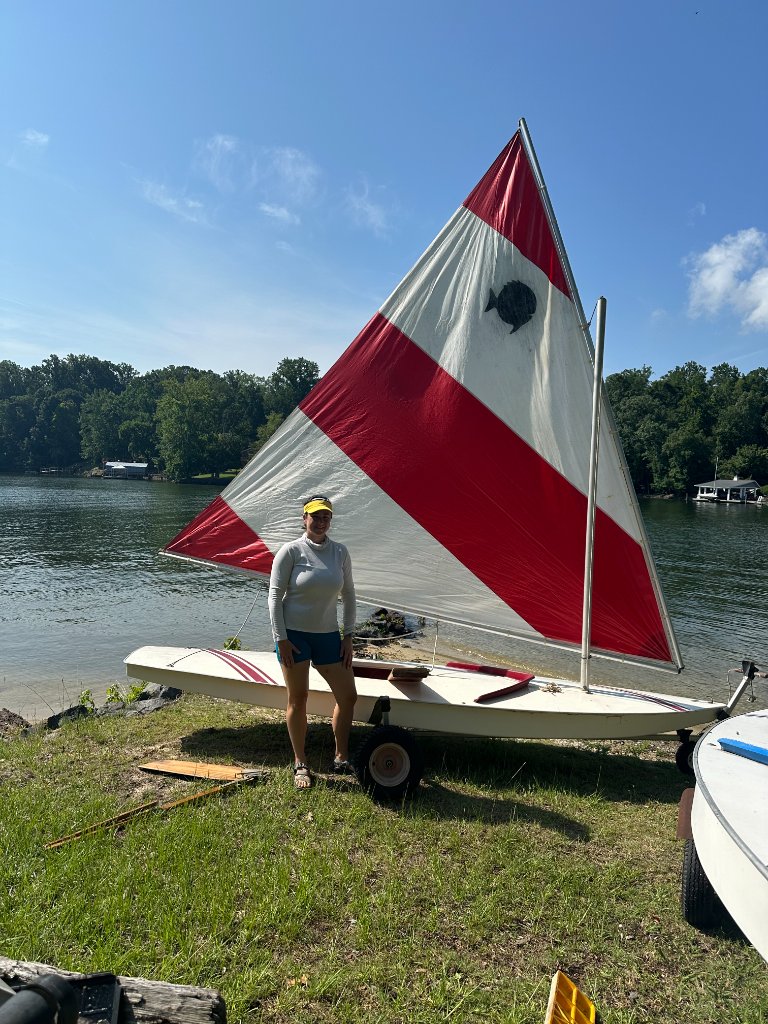 Sunfish sailboat rigged and ready for beginner sailing lesson at Catawba Yacht Club, Lake Wylie NC