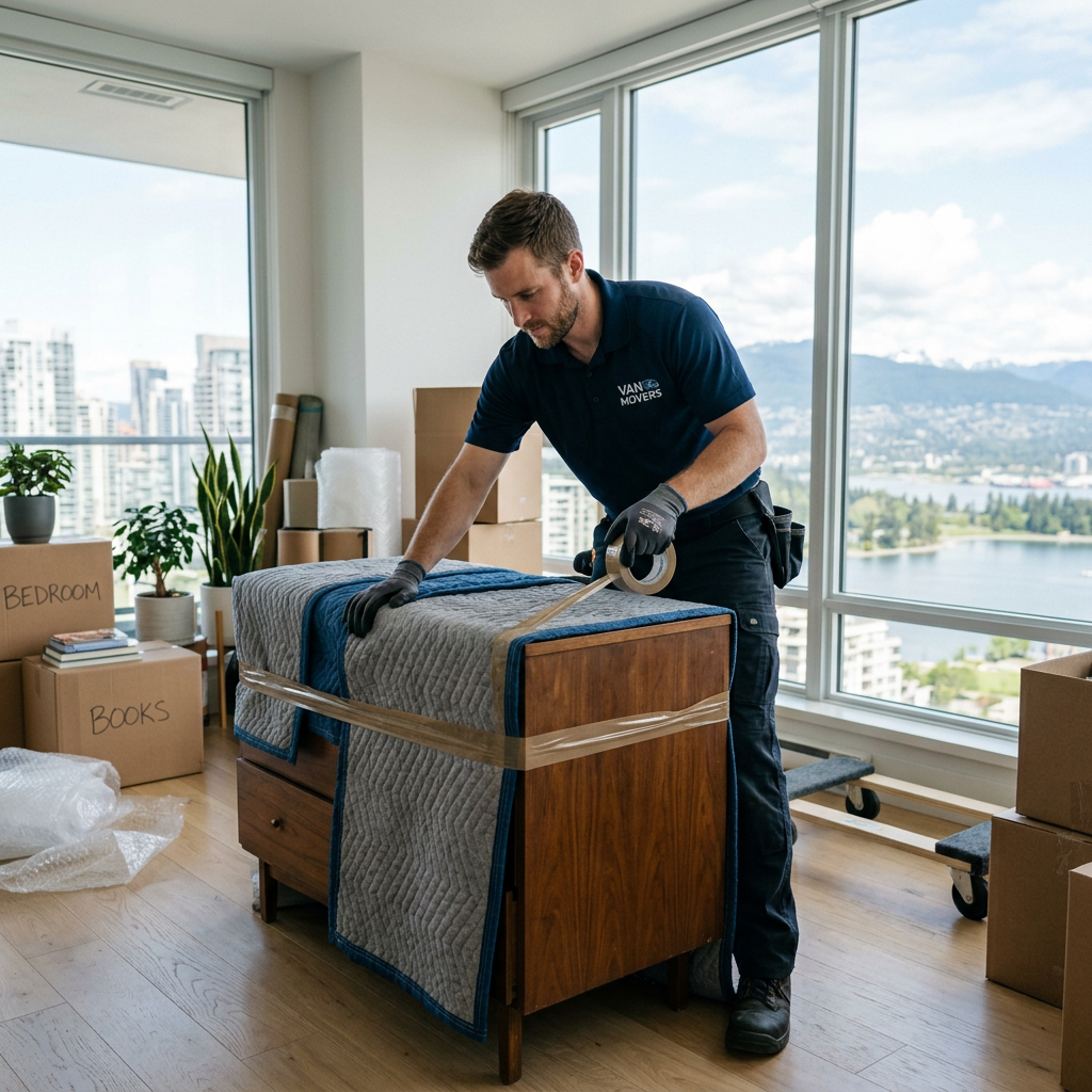 Professional apartment movers wrapping furniture
