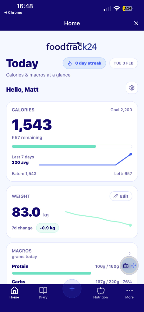 Food Track 24 home screen showing daily calorie progress and logged meals