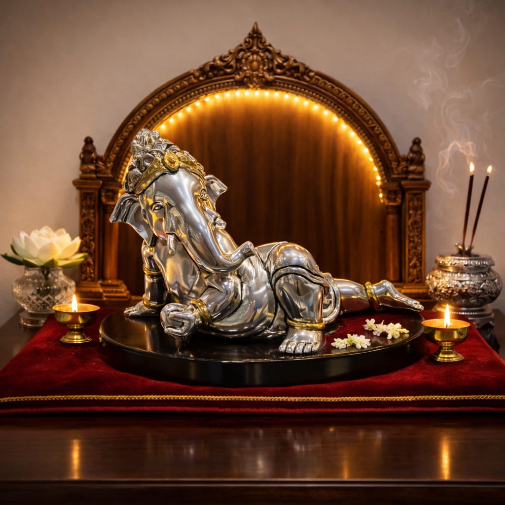 Reclining Ganesha Silver Idol