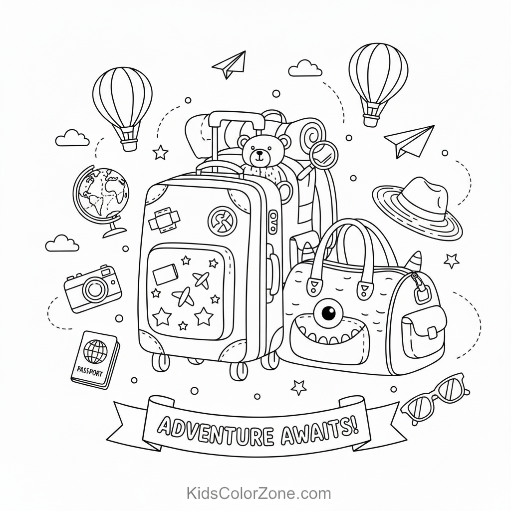 World Adventure Travel Suitcase Coloring Page