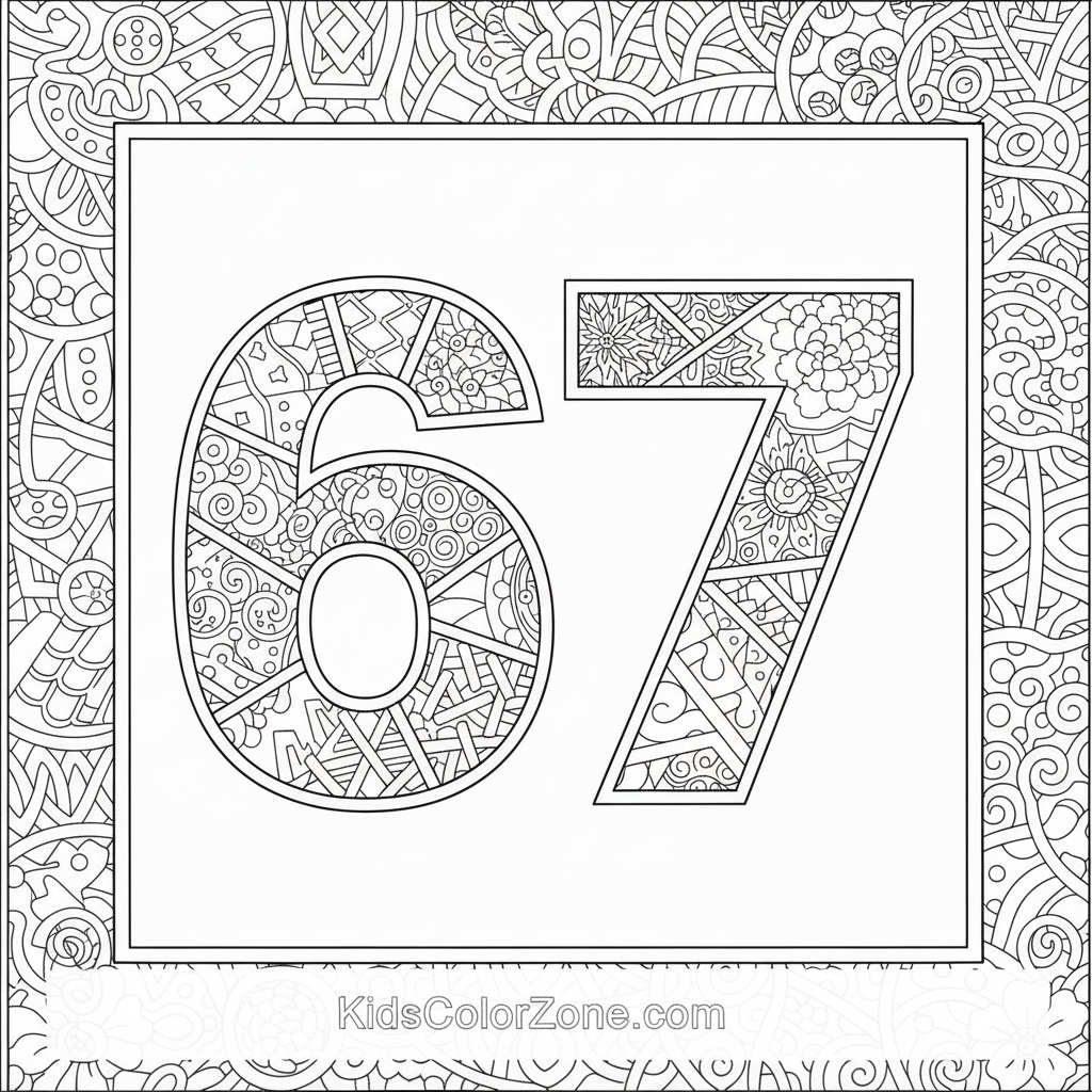 Number 67 Floral Zentangle Coloring Page
