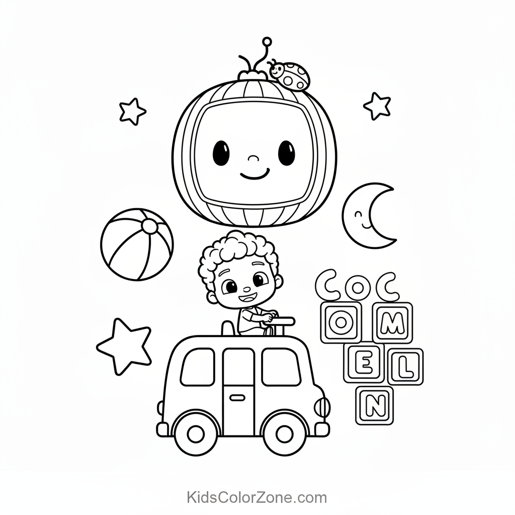 Cocomelon Wheels on the Bus Scene Coloring Page
