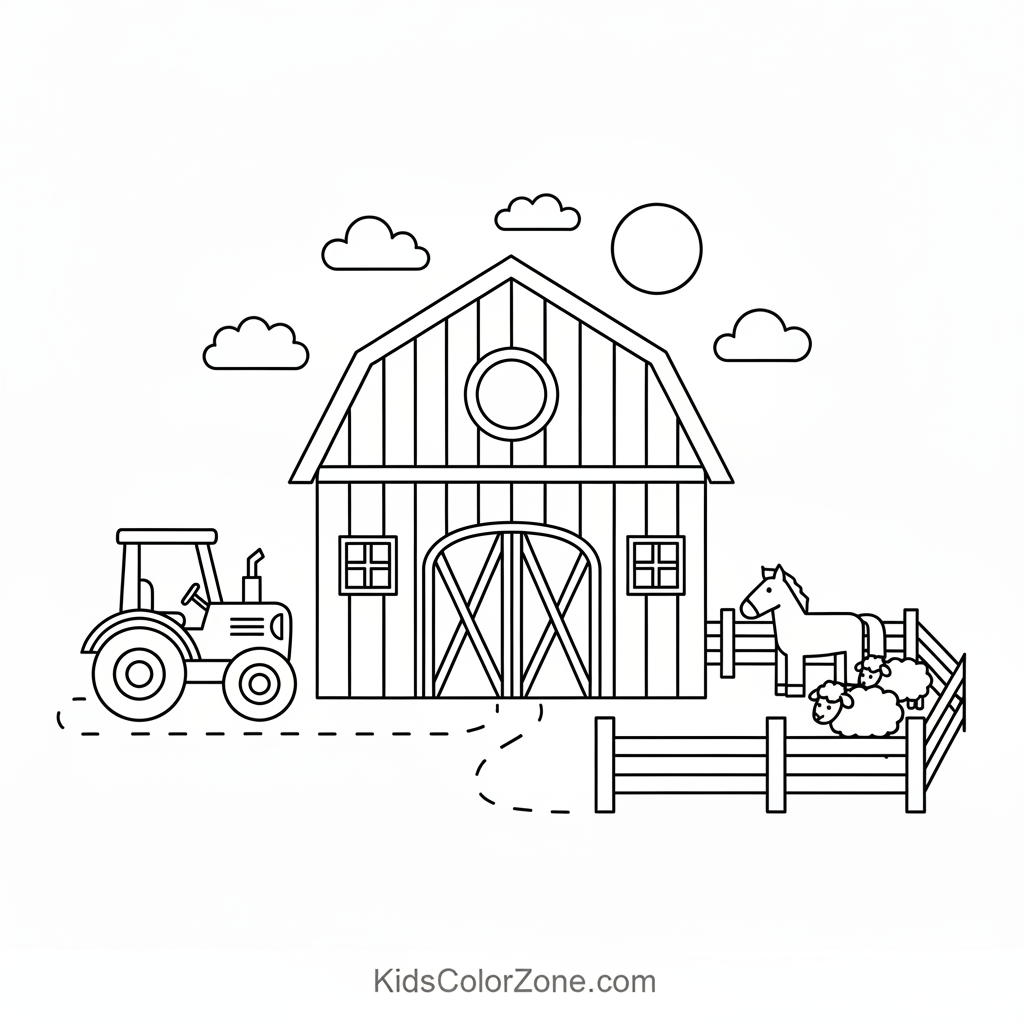 Farm Barn with Tractor and Rolling Hills Coloring Page