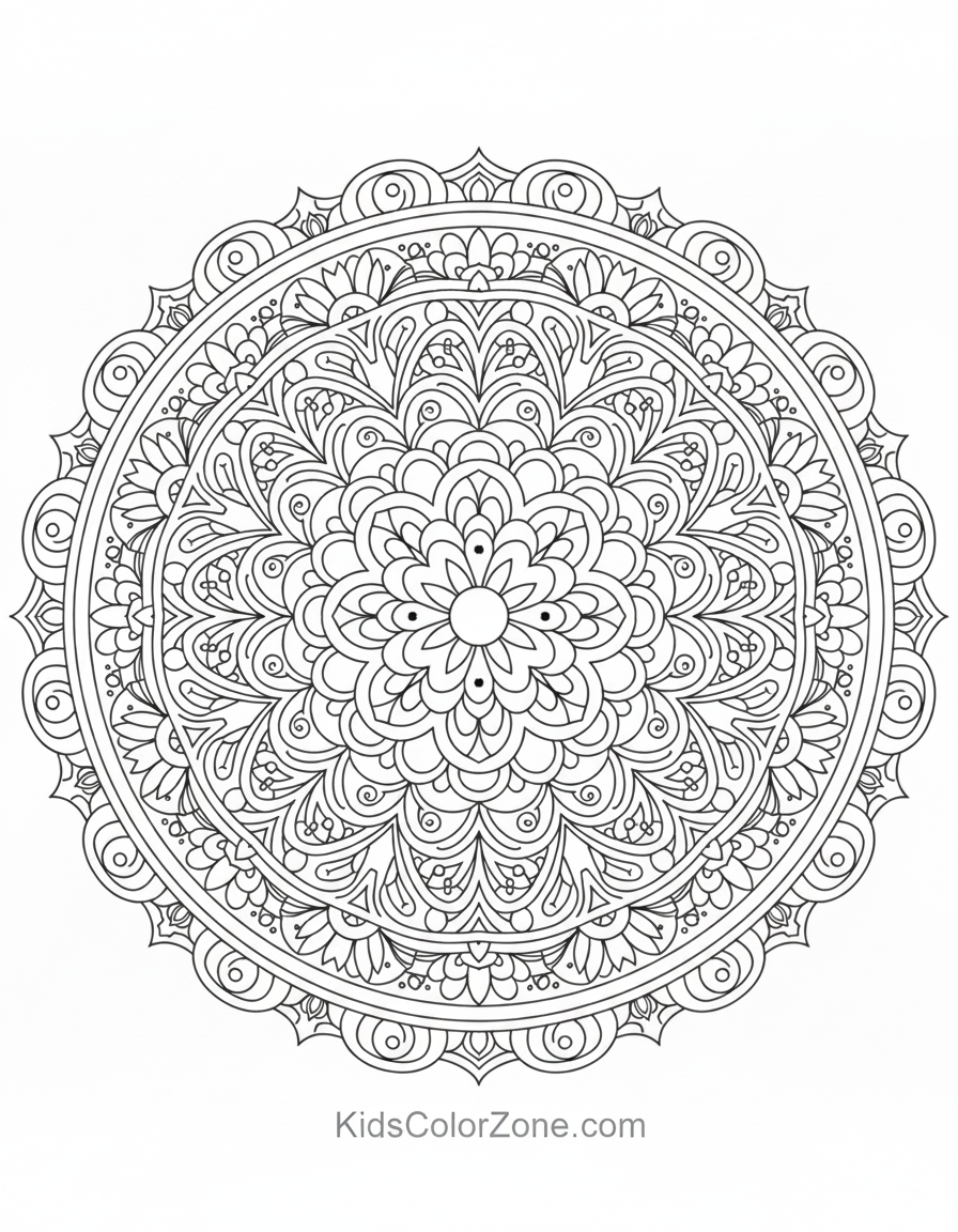 Floral Petal Burst Kaleidoscope Mandala Coloring Sheet