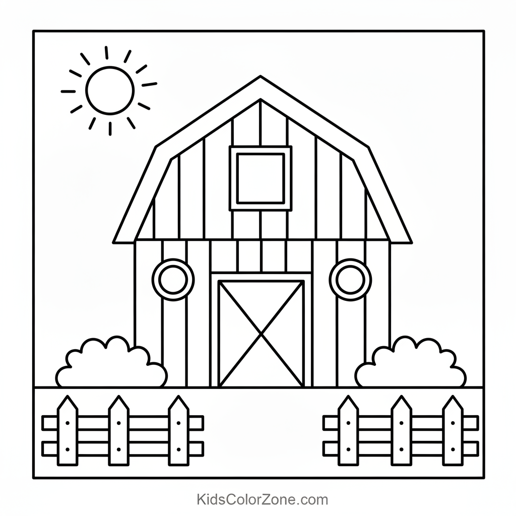 Sunny Country Barn with Fenced Pasture Coloring Sheet
